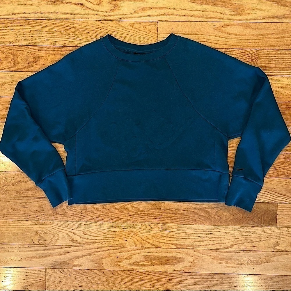 Nike Dri-Fit Luxe Embossed Logo Cropped Sweatshirt Teal Blue Women's S